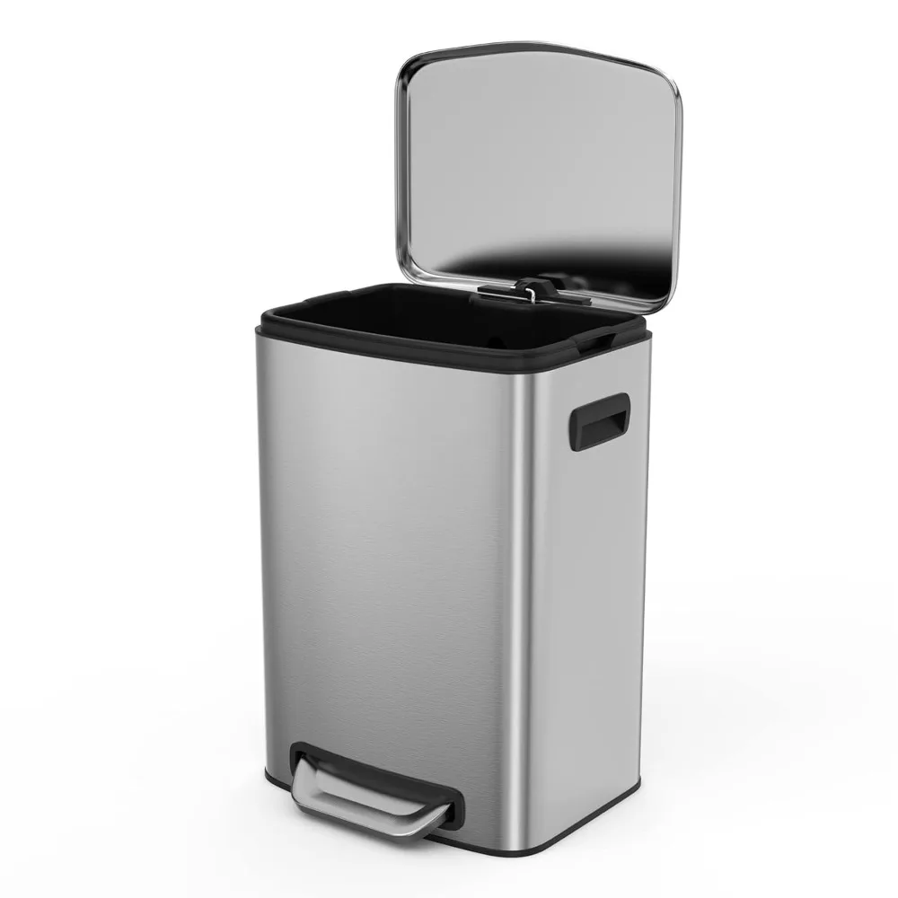 

13 Gallon Stainless Steel Large Trash Can with Soft Close Lid - Foot Pedal Rectangular Garbage Bin - HOME