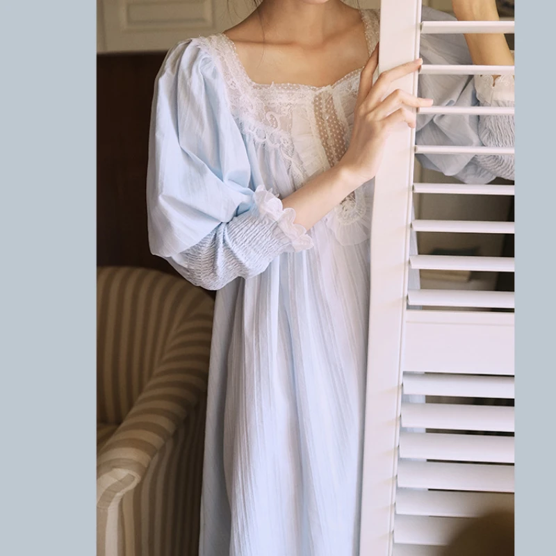 Vintage Spring Summer Pure Cotton Nightgown Women Lace Square Collar Long Nightdress Romantic Princess Cute White Blue Sleepwear