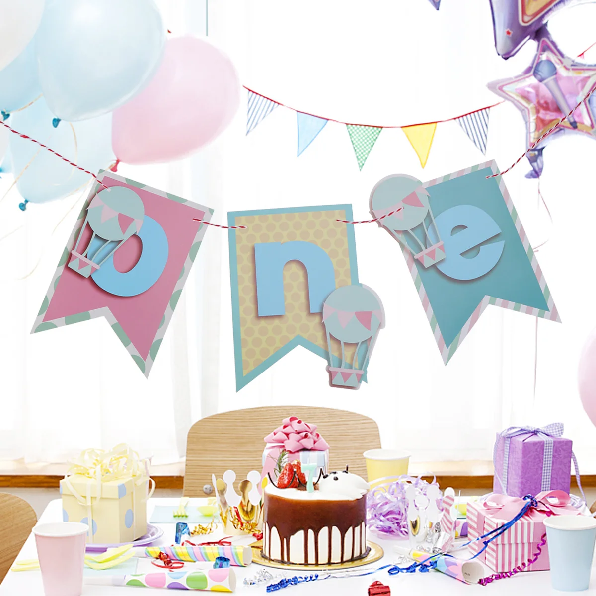 

1.5m Baby 1St Birthday Banner Garland Blue One Letter Hot Air Balloon Decoration Perfect for Party Kid Room Wall Ceiling Door