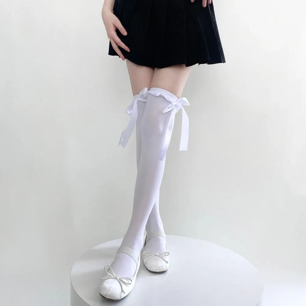 Meias para joelho alto com laço para mulheres, atadura preta, meias JK para meninas, estilo japonês, lolita, kawaii, fofa