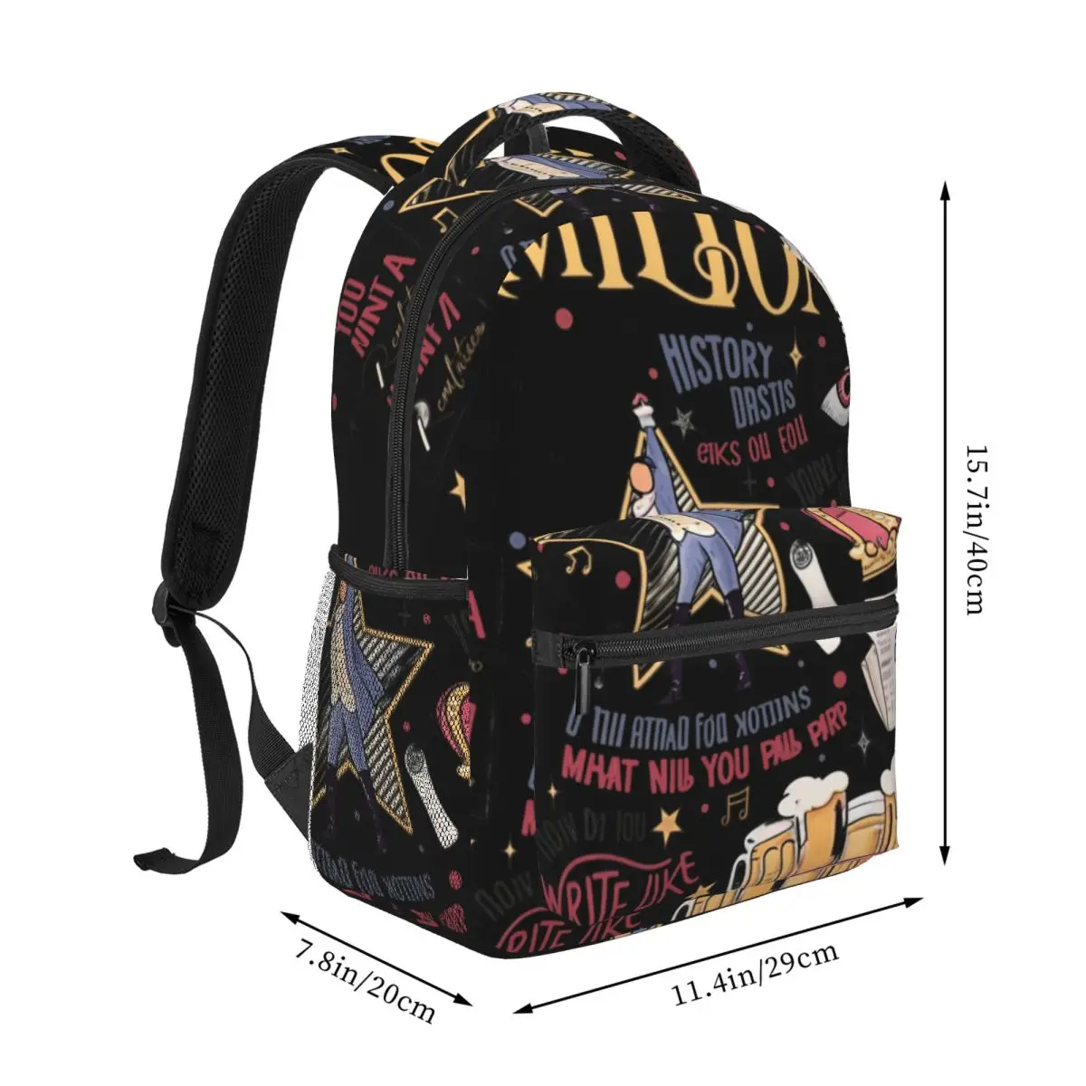 Heart School Backpack Clustered Hamilton Musical Doodle Broadway Quote Collage Gold Pink Blue Cool Bookbag for Girls Boys Casual