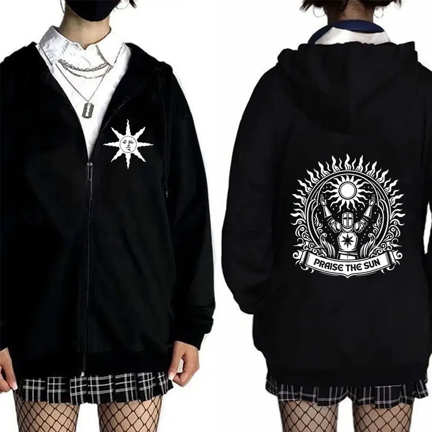 

Game Dark Souls Praise The Sun Graphic Zipper Hoodie Men Women Gothic Rock Oversized Zip Up Jacket Men's Casual Vintage Hoodies