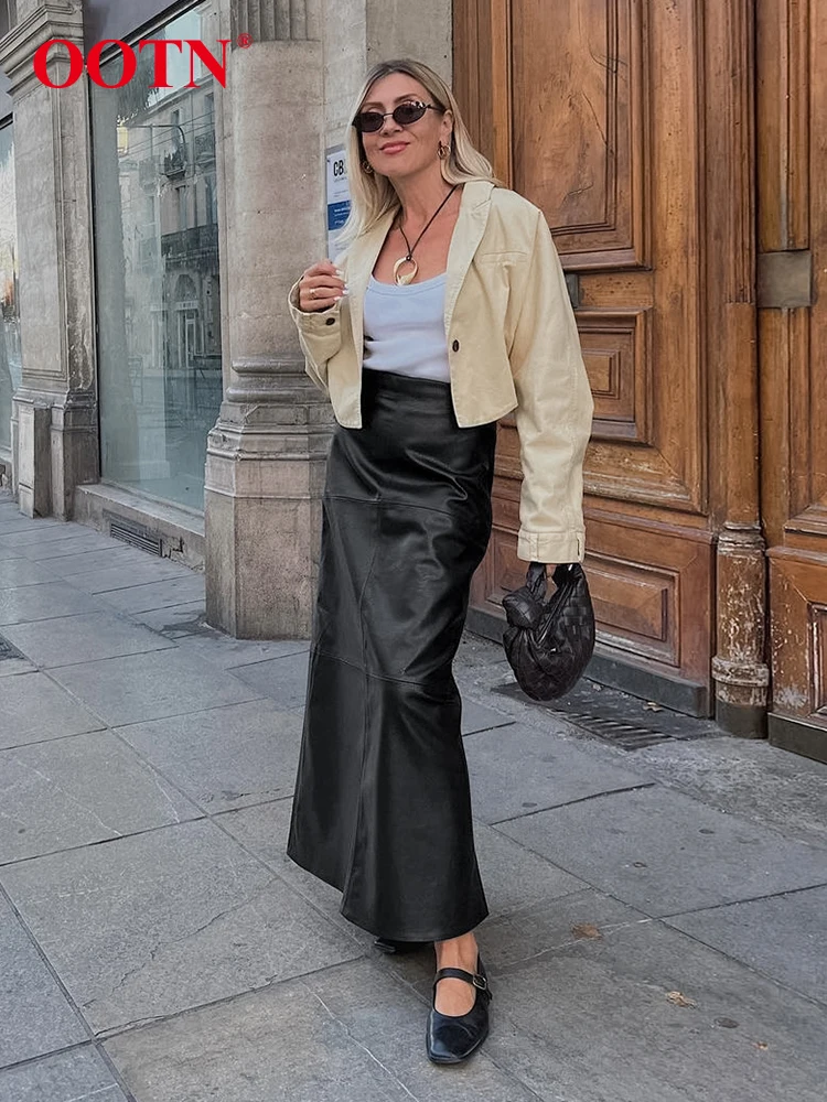 OOTN Czarne PU Spódnice do kostek Kobiety Jesień Zima 2024 Wysoka talia A-Line Faux Leather Spódnice midi Biuro Panie Długie spódnice