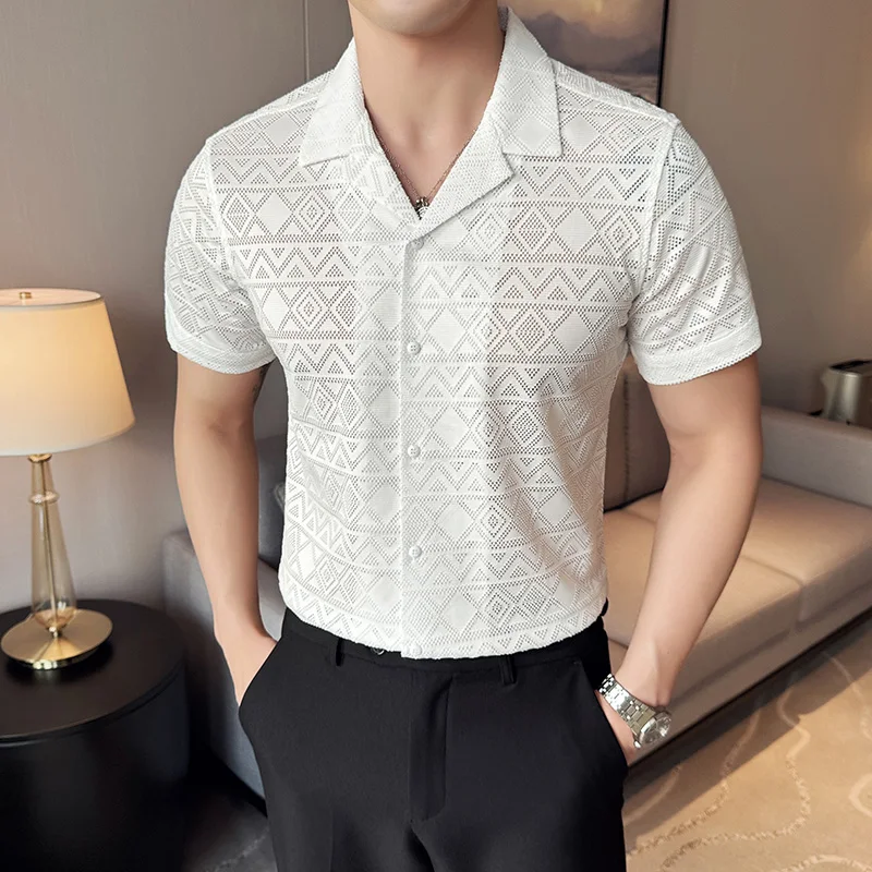 Men\'s Short-sleeved Cut-out Lace Shirts/Male Slim Fit Fashion Solid Color Shirt with Lapel Business Shirts 4XL-M