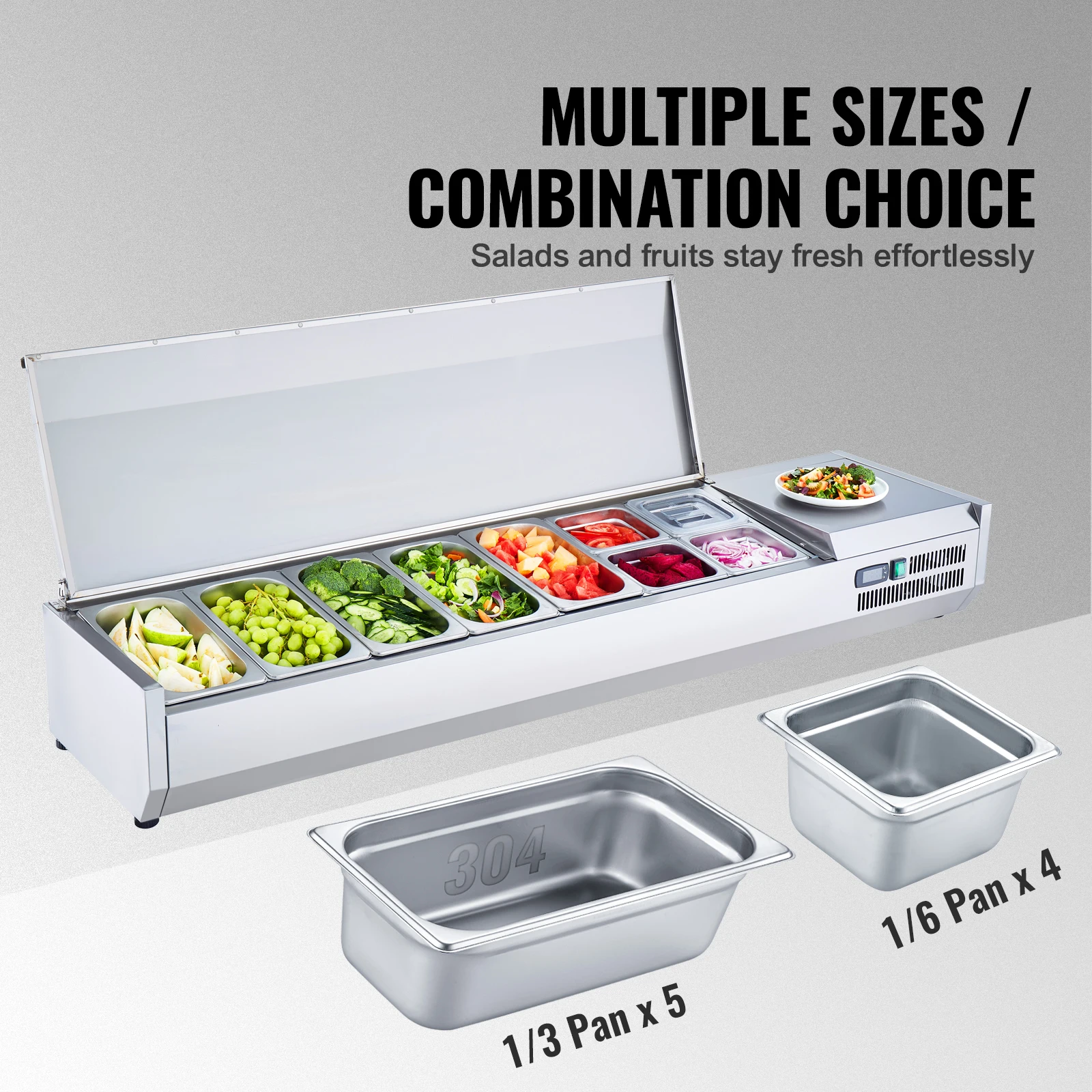 VEVOR Refrigerated Condiment Prep Station 304 Stainless Body and PC Lid, Sandwich Prep Table with Stainless Guard