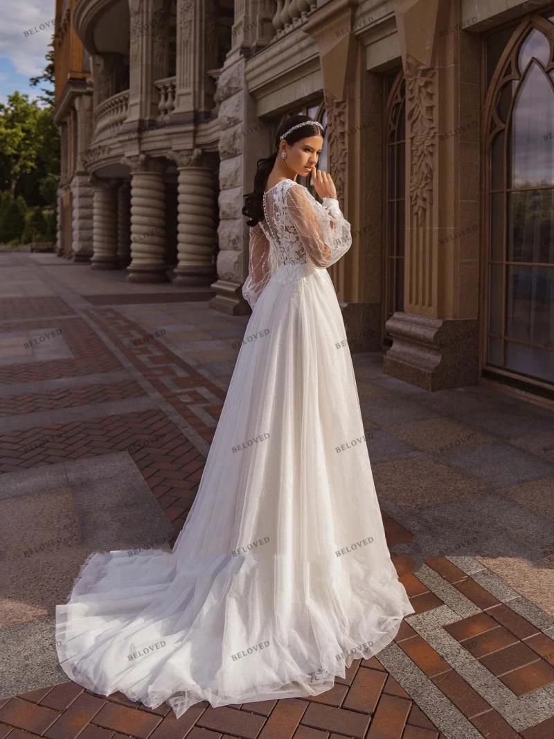 Bohemen Trouwjurken Elegante Bruidsjurken Kanten Appliqués Met Lange Pofmouwen Voor Formele Feestvestidos De Novia