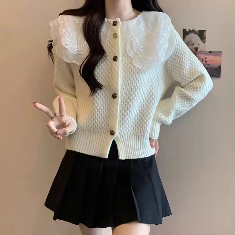 French Double Layer Doll Collar Knitted Cardigan Autumn Clothing Women's Single-breasted Long Sleeve Outer Sweater Jacket