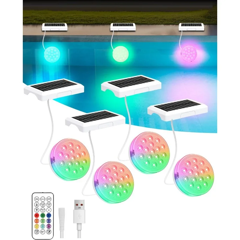 Solar Pool Lights, Rechargeable Submersible LED Lights with Remote, IP68 Waterproof Built-in Magnet Solar Underwater Light for A