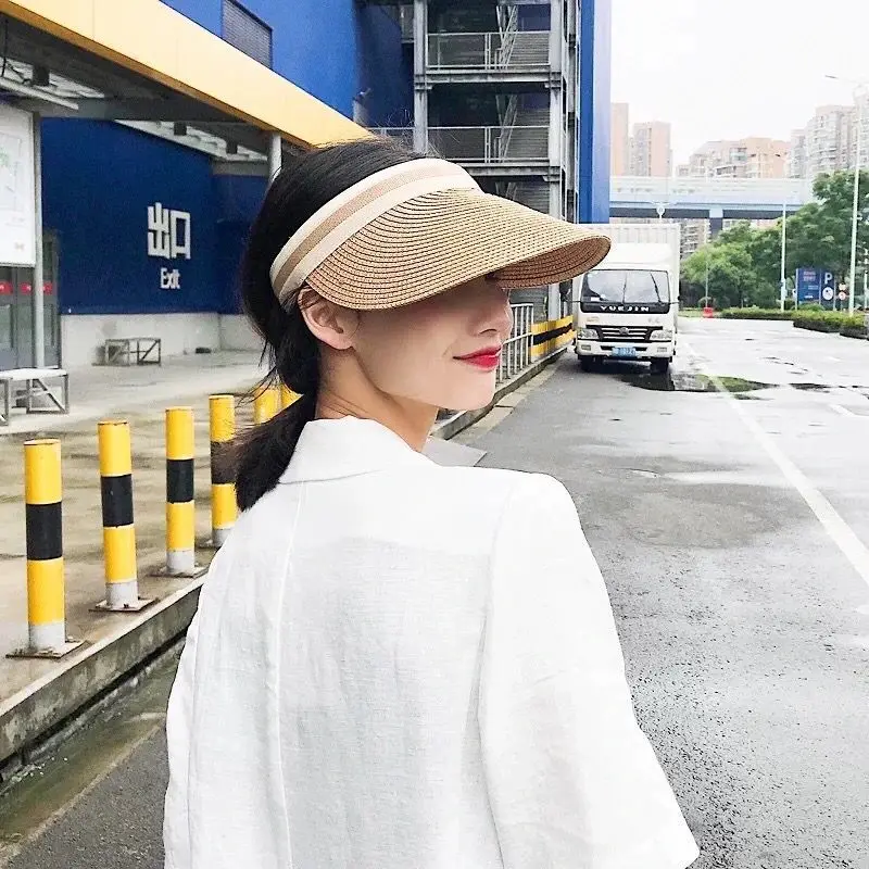 Woman New Fashion Sun Hats Female outdoor Visor beach Caps Brethable Empty Top Straw Cap Female Anti-UV Beach cap