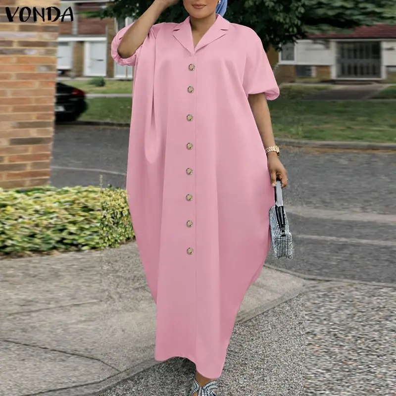 

Vintage VONDA Summer Spring Women Plus Size Dresses Solid Color Loose Turn-down Collar Vestidos Puff Sleeve Long Maxi Dresses
