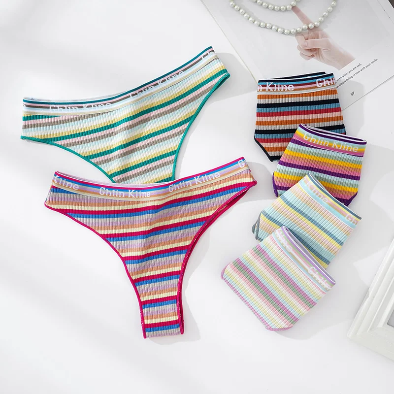 Women\'s Pure Cotton Colored Thong  Comfortable And Breathable Striped Rainbow