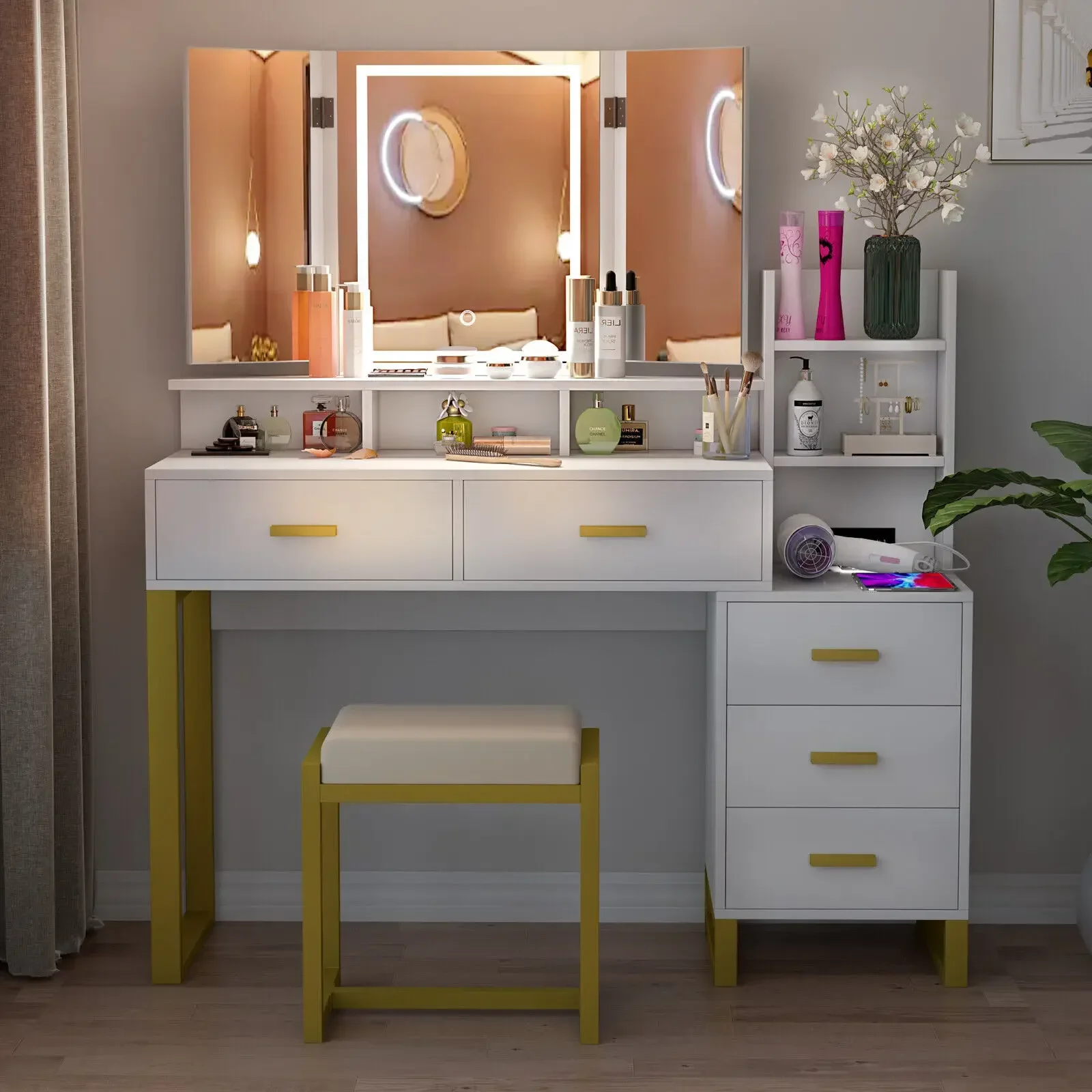 Postmodern Vanity Set With 3 Color LED Lighted Mirror Makeup Dressing Table Dresser Desk For Indoor Bedroom Furniture