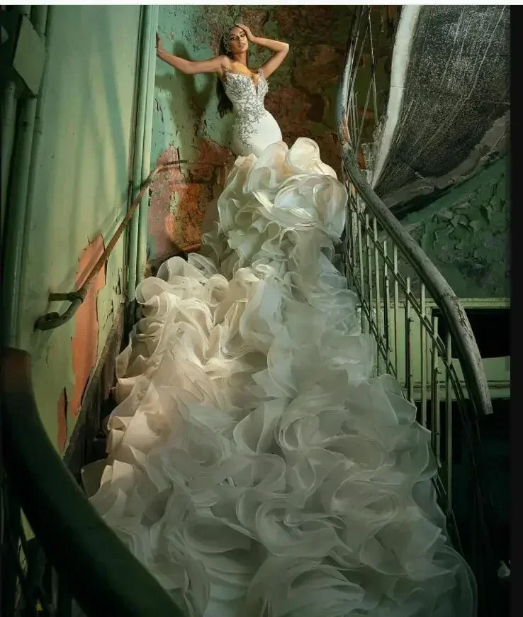 Customized Modern Beaded Sweetheart Mermaid Wedding Dresses Vestido De Novia Organza Tiered Ruffle Plus Size Bridal Gowns
