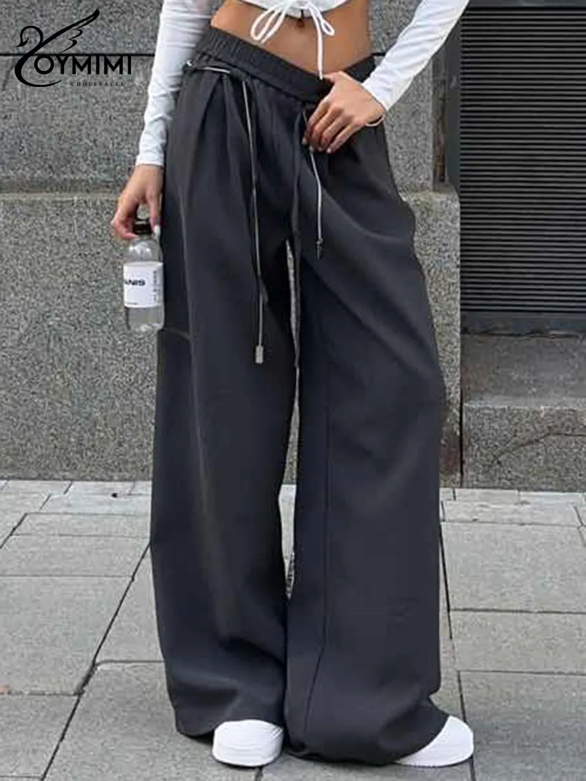 

Oymimi Fashion Black Simple Women's Pants Elegant Drawstring Low Waisted Trousers Casual New Straight Full Length Pants Female