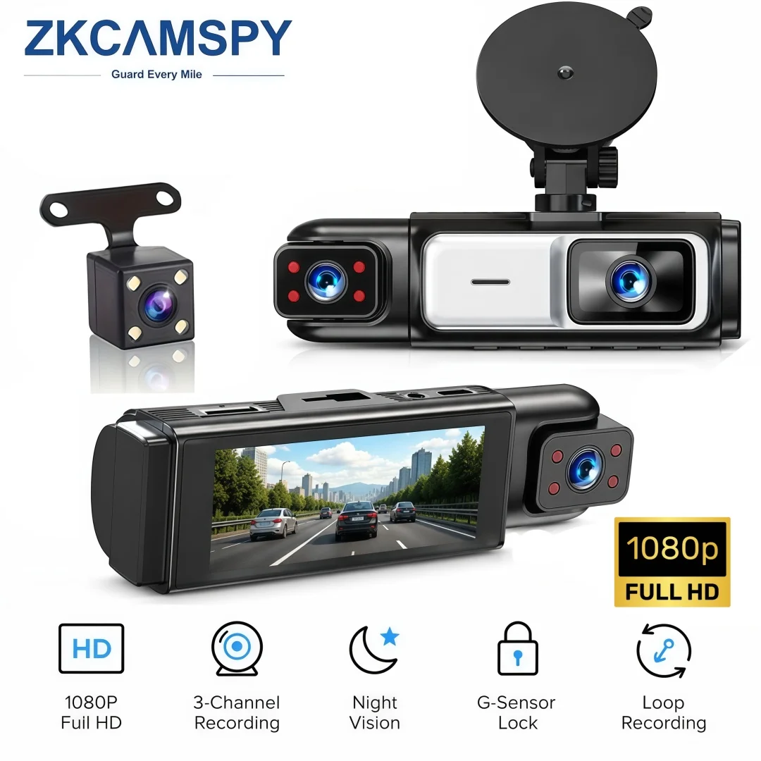 3 Channel 1080P Full HD Dash Cam with IR Night Vision G-Sensor 3 Inch HD Screen Loop Recording Car Driving Recorder