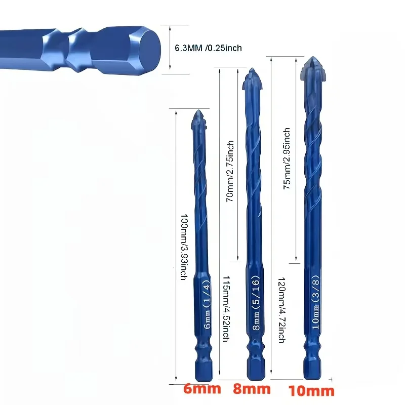 3Pcs Four‑Blade Cross Tip Drill Bits Set, Industrial Carbide Hex Shank Drill Bit for Tile Glass Marble Brick Home DIY Drilling