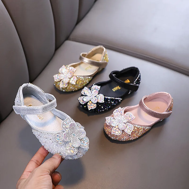 Sepatu kulit anak perempuan, sandal anak perempuan, payet, sepatu kulit, sandal pernikahan, sepatu putri tunggal kristal, musim gugur J389