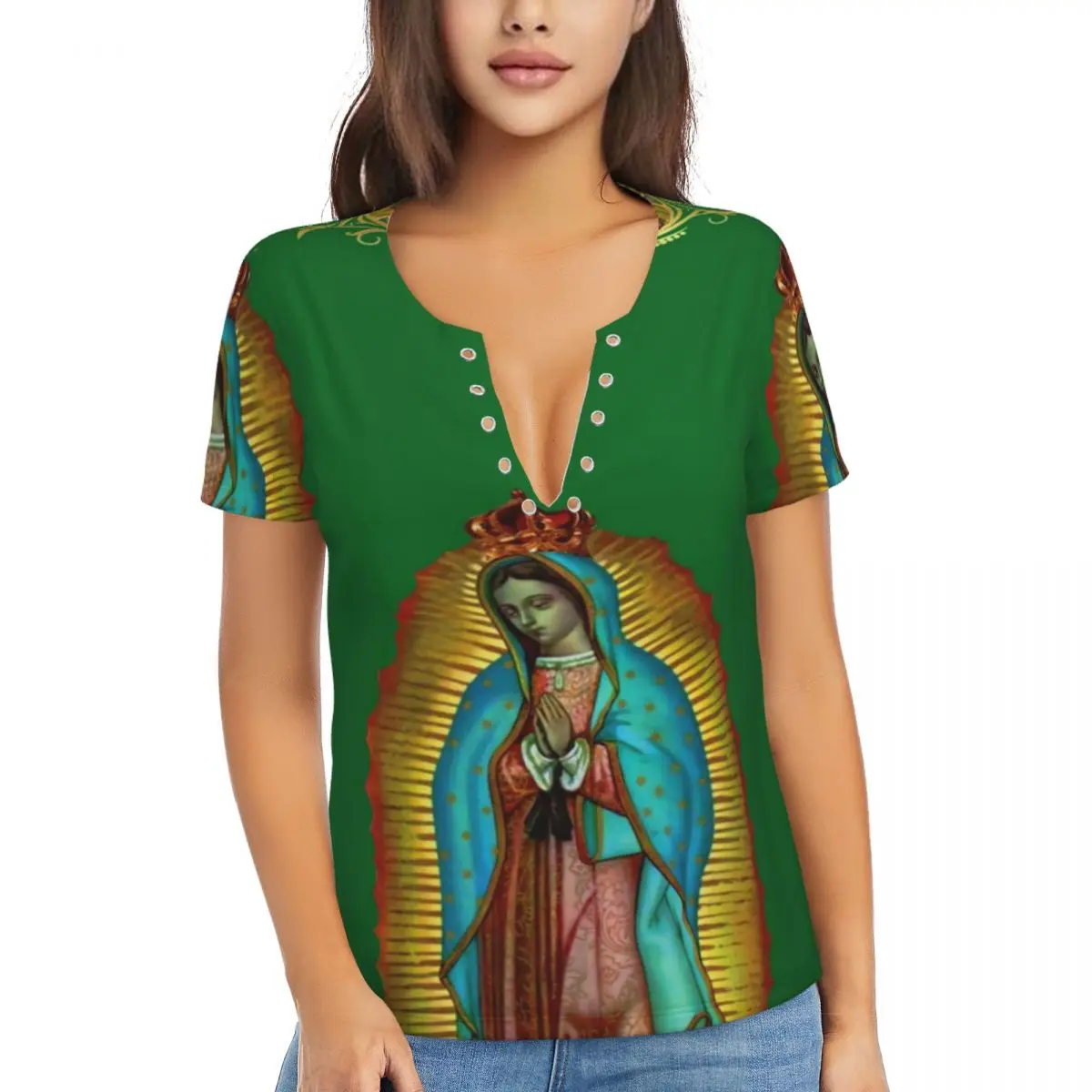 Virgin Mary T-Shirt Our Lady of Guadalupe Y2K Cool Deep V Neck T Shirts Short Sleeve Classic Tshirt Summer Custom DIY Top Tees