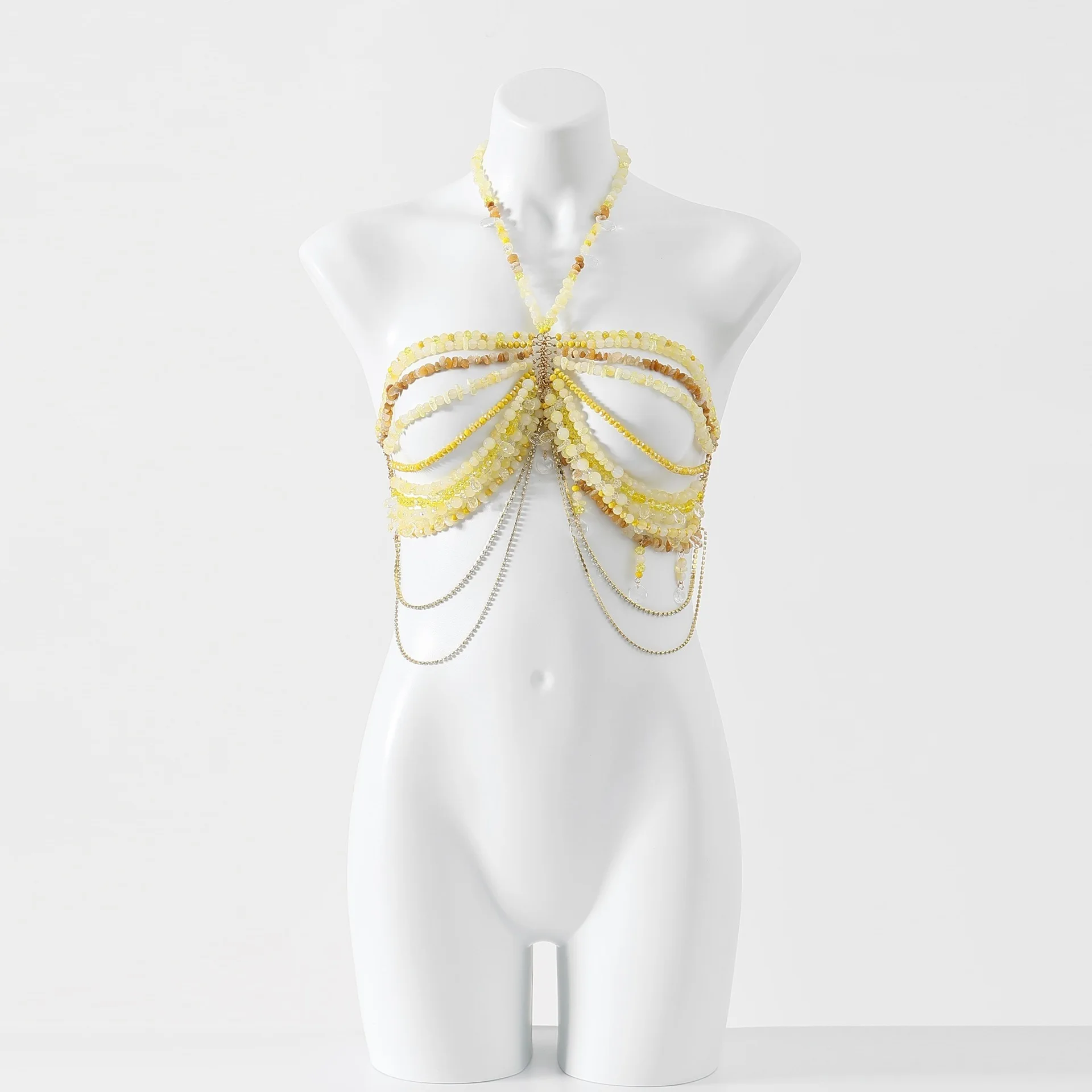 

Модная и сексуальная цепочка на грудь из градиентных стеклянных бусин, красочная бусинная цепочка для тела, регулируемый топ с бусинами в виде ракушек из подводного мира