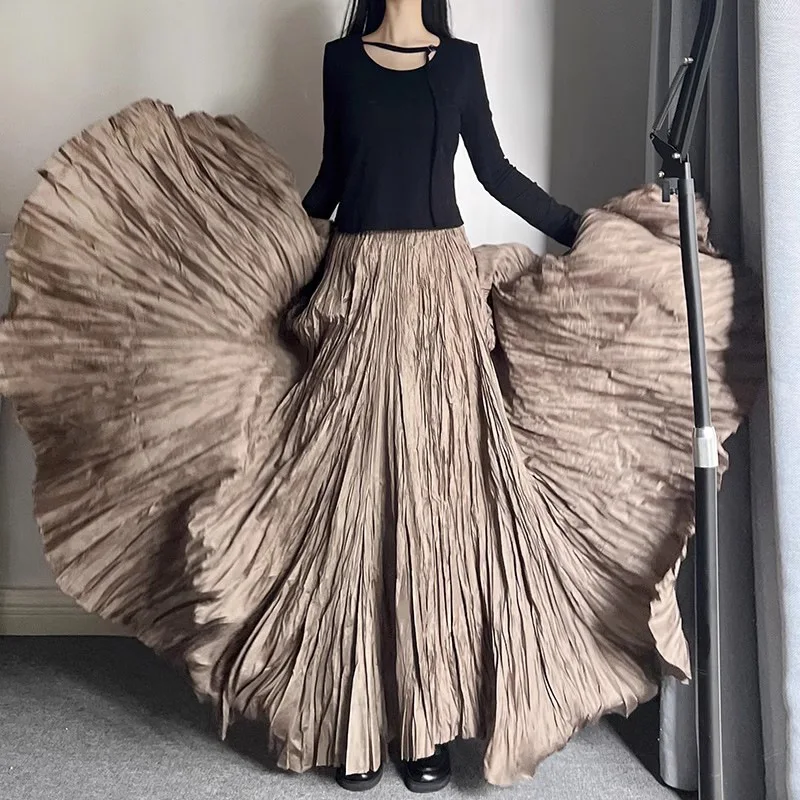 Vintage Fashion Pleated Large Hem Long Skirt Womens Irregular A-Line Loose Casual Solid Color Versatile Ruffle Extra Maxi Skirts