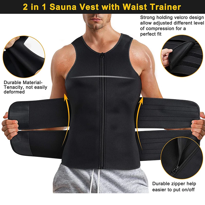 Neoprene Men\'s Shapers Sweat Vest for Men Waist Trainer Vest Adjustable Workout Body Shaper with Double Zipper for Sauna Suit