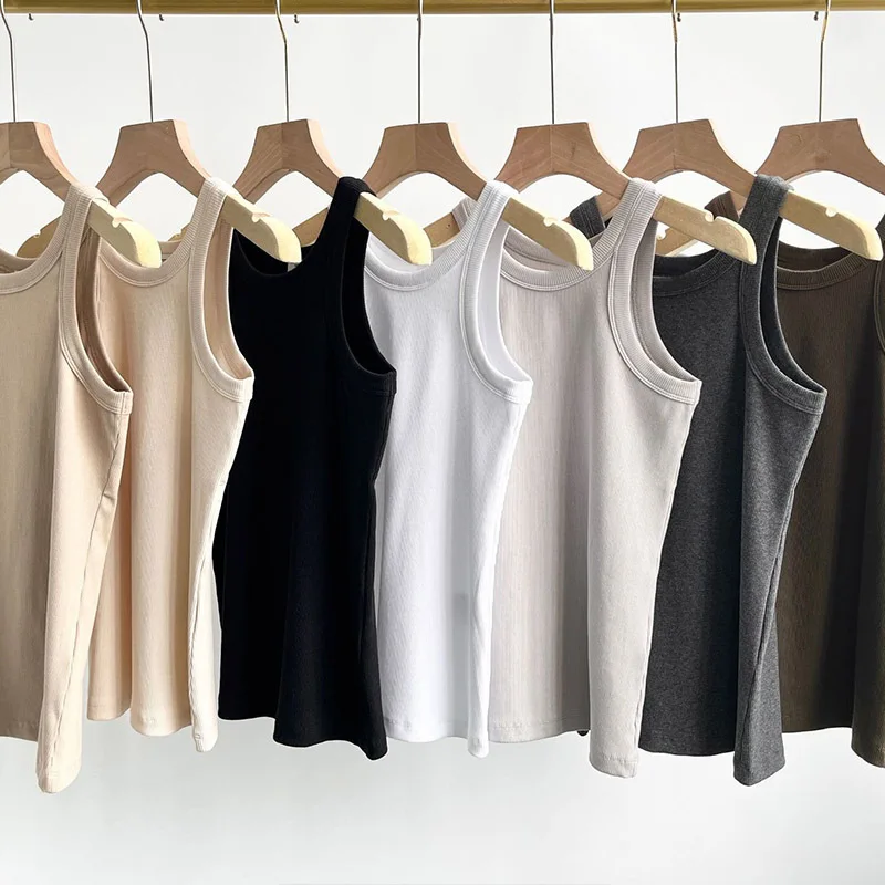 

22 Summer High Version Ribbed Cotton Tank Top Women Textured Vertical Stripe Light Color Top Leisure Solid Color Sleeveless Vest