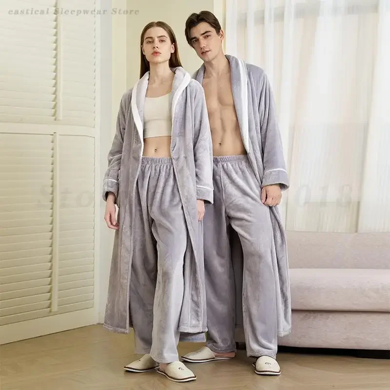 2PCS Long Robe Pajamas Set Couple Winter Flannel Sleepwear Women Thicken Coral Fleece Pijama Men Loose Bathrobe Home Clothes