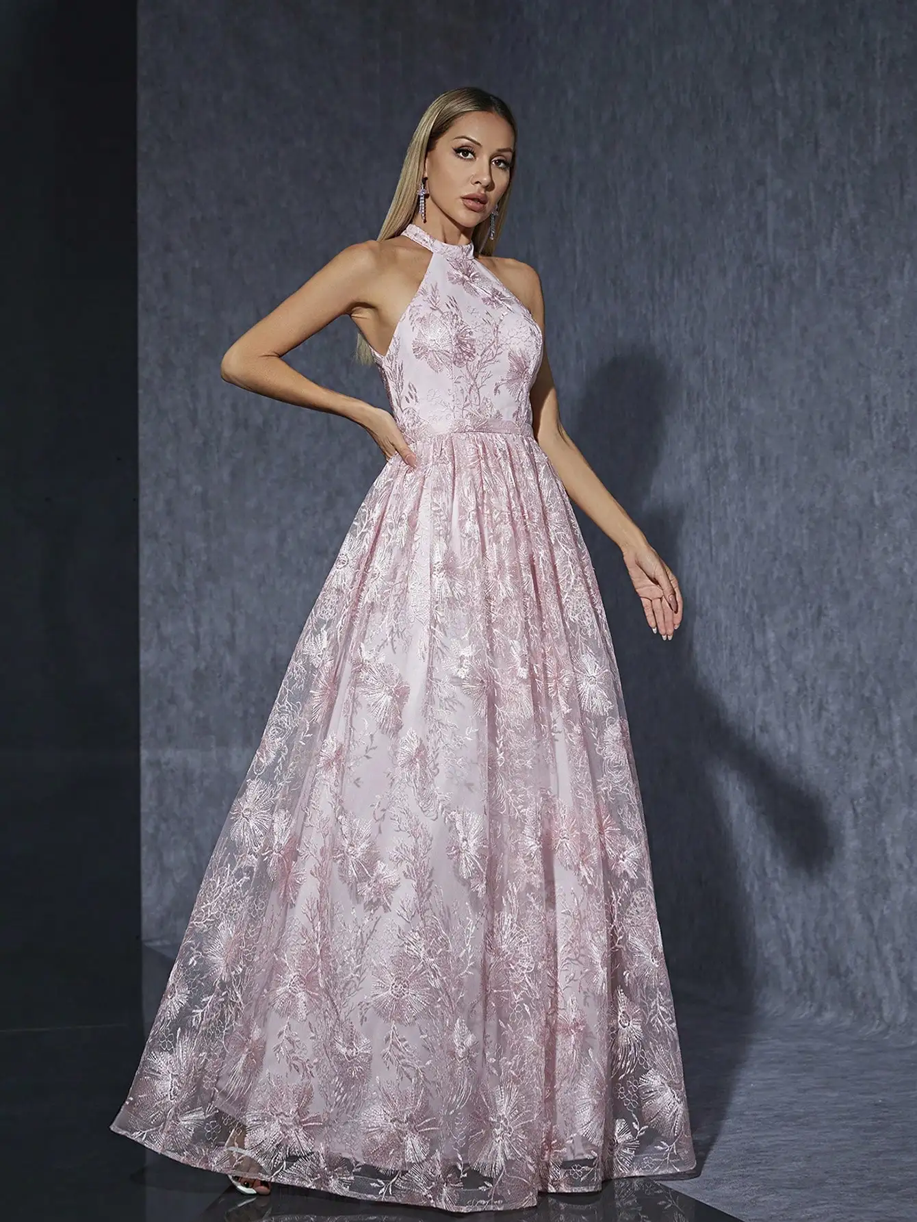 MGIACY Wysokiej klasy suknia wieczorowa z kopertowym golfem i haftowaną koronką bez rękawów