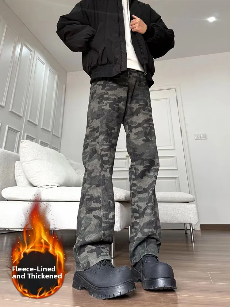 

Retro American Camouflage Thiened Fce Narrow Straight Leg Jeans Men's Autumn Winter Workwear Micro Flared Pants