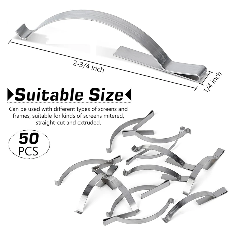 Top-50 Pcs Window Screen Tension Spring, Corner Mount Flat Window Spring Stainless Steel Window Screen Clip 2-3/4Inch