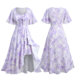 ROSEGAL Plus Size Tie Dye Floral Print Ruffles Lace-Up Dress 2026 Women Summer Dress Light Purple Square Collar Split Vestidos