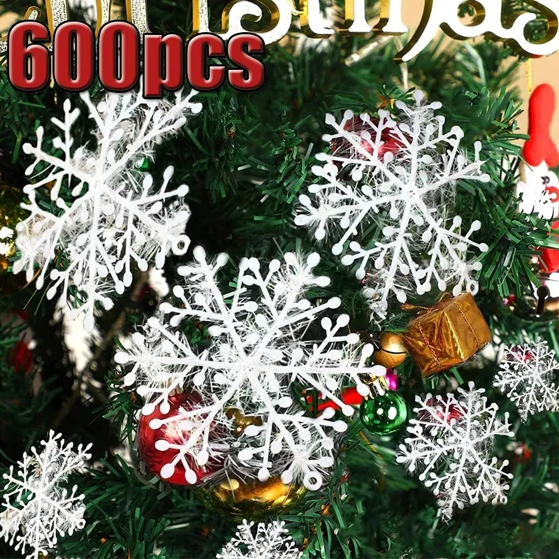 600Pcs Large Christmas Snowflakes Ornaments Xmas Tree Hanging Glitter Snow Flake Decoration DIY New Year Garlands Home Decor