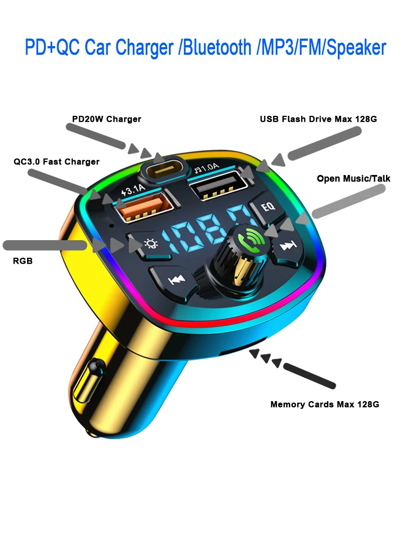 Auto-Bluetooth-FM-Transmitter PD20W QC3.0 Schnellladegerät Freisprechfunktion MP3-Player Unterstützt TF-Karte USB-Stick Auto-FM-Modulator