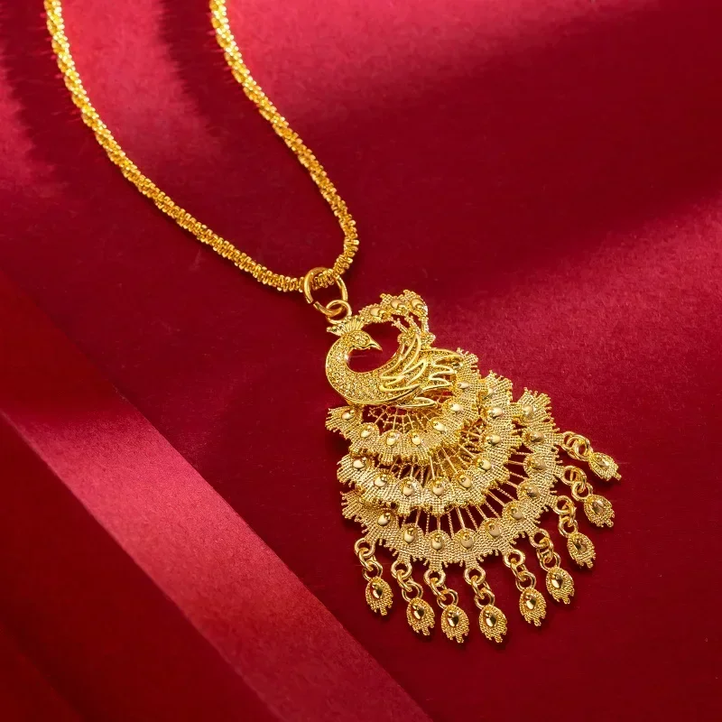 Gold  necklace retro AU999  Phoenix pendant 24K atmospheric wedding style smart peacock sweater chain womens jewelry