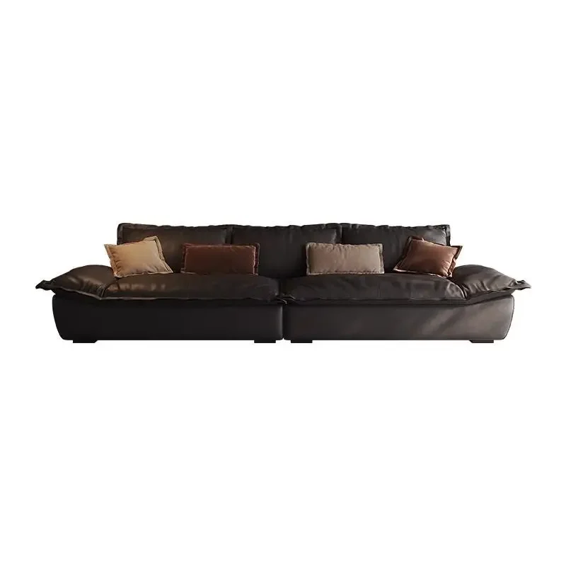 

Sofa leather living room Italian minimalist first layer cowhide straight row black