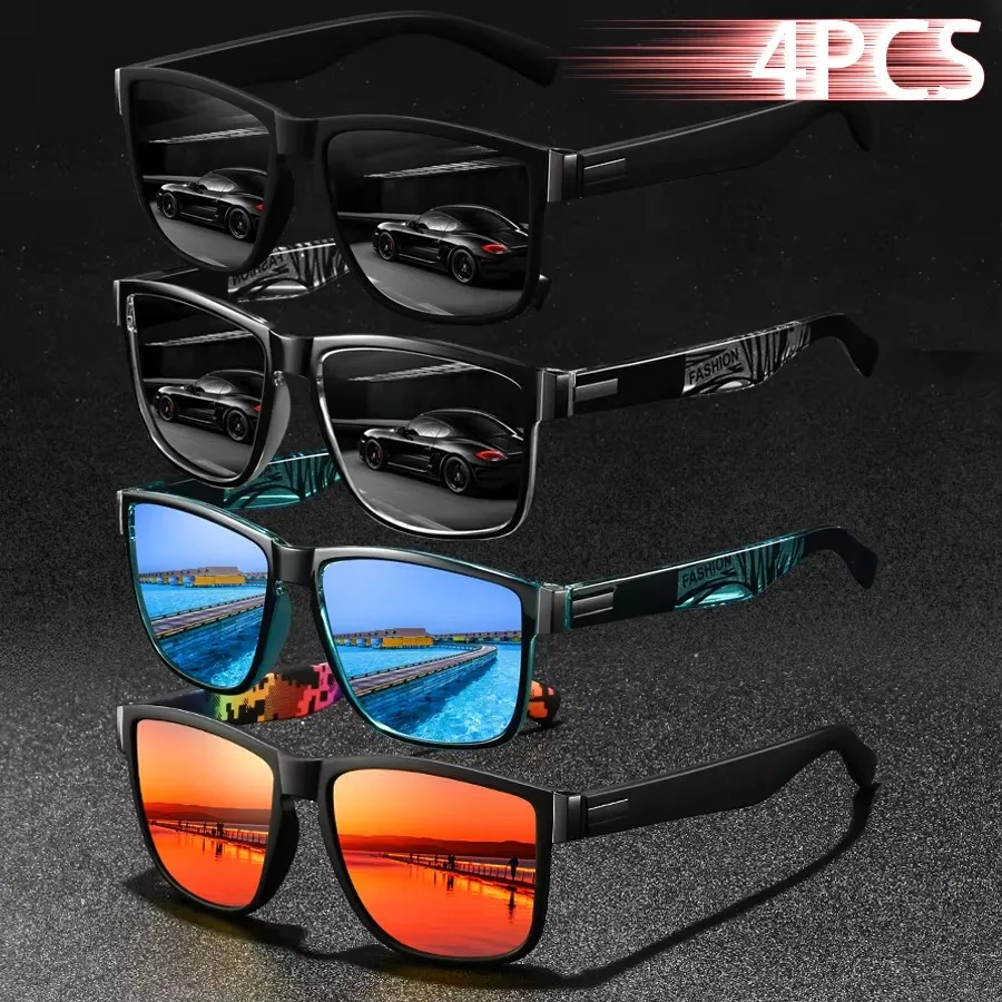 

4PCS Fashion Vintage Pattern Unisex Square Sunglasses Men Women Driving Fishing Casual Travel Man Brand Designer SunGlasses