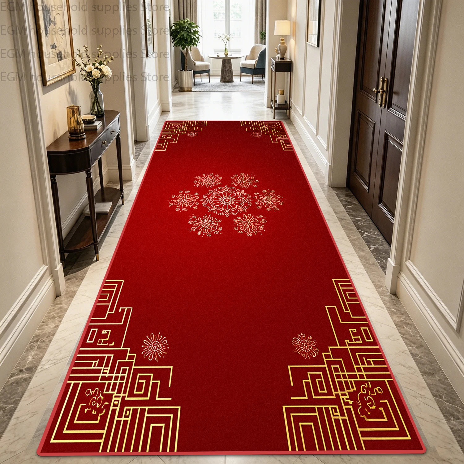 Classical Gold Red Carpet Hallway Decoration Non-slip Washable Long Runner Rug Corridor Stair Doorway Easy Clean Floor Mat Store view 4
