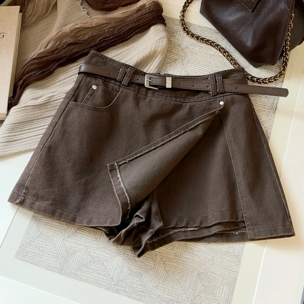 Irregular Split-ended Short Skirt for Women Autumn High Waist A-shaped Hip-wrapped Skort Skirt