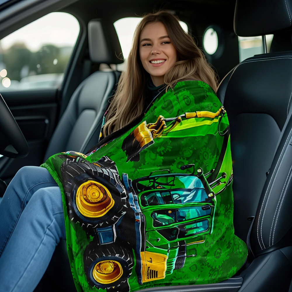 Green excavator construction vehicle cartoon design blanket flannel throw blanket kids bedroom decor engineering toy fans gift