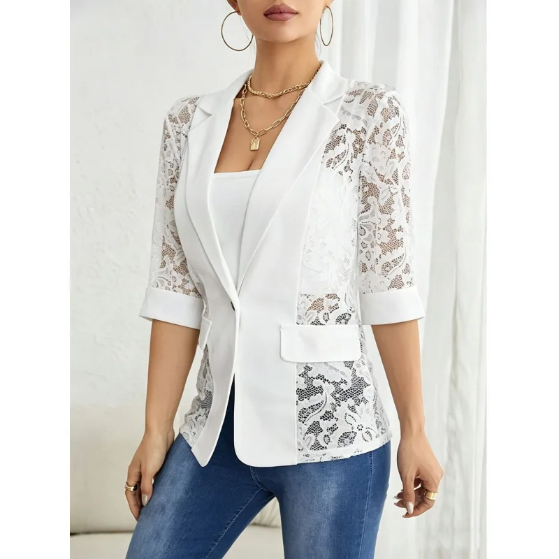 Women's Solid White Sexy Lace Patchwork Blazer Jacket Lapel Half Sleeve Button Elegant Casual Streetwear Office Suit Jacket