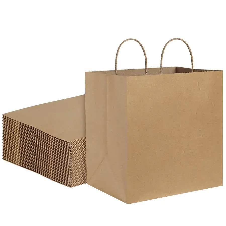 Bolsas de papel marrón con asas, 12x7x12, 100 Uds., mercancías de compras Kraft al por menor, para llevar, regalo de papel reciclado con volumen ancho B