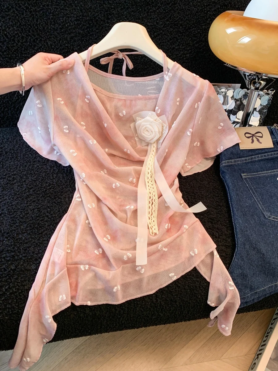 

Summer Unique Beautiful Floral Lace-Edged Short-Sleeve Chiffon Blouse Women's Hanging Neck Shirt Korean Style Loose Fit