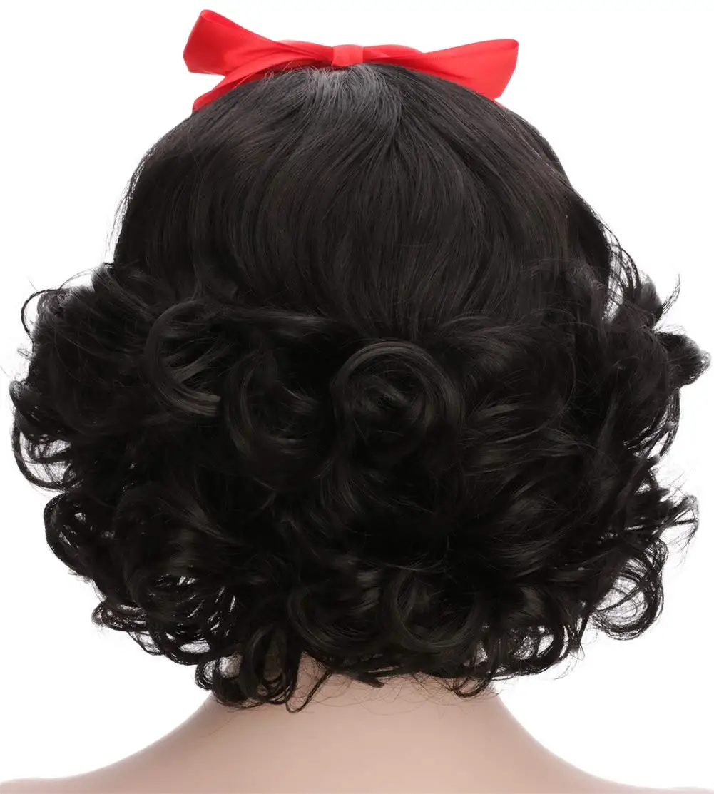 Snow White Princess Girls  Adult Women Short Bob Wave Black Cosplay Wig Halloween Costume Wig Anime Party Wig