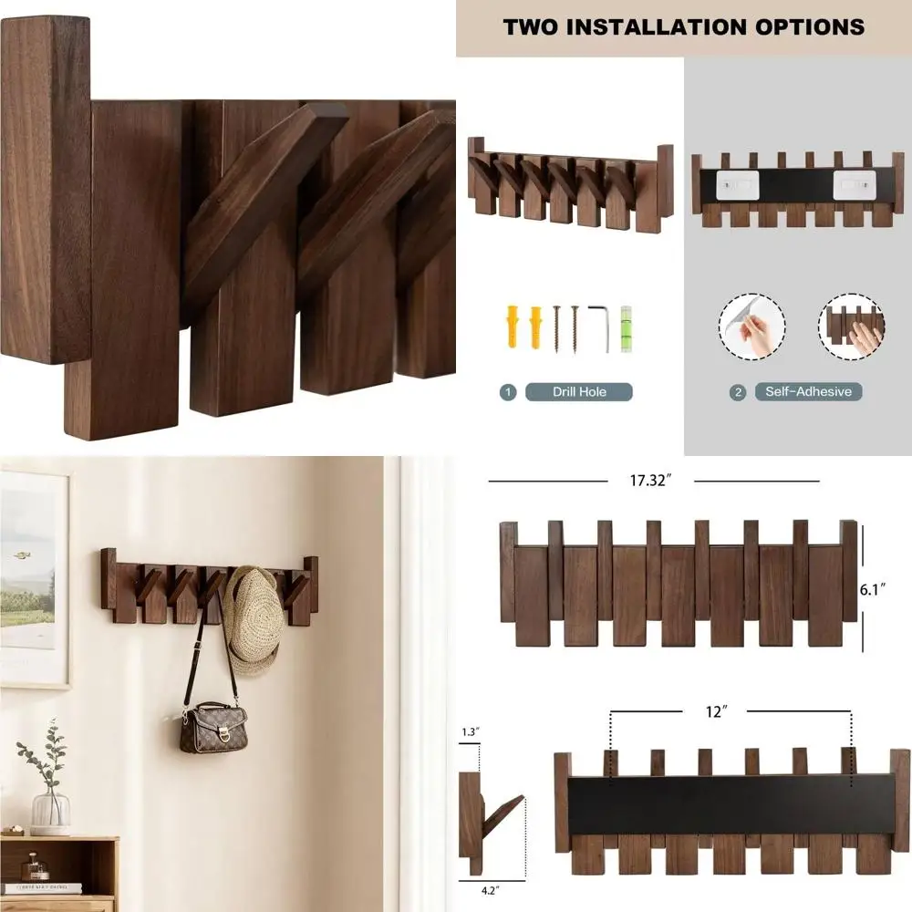 

Настенная вешалка для одежды из черного ореха с 6 выдвижными крючками — компактный органайзер для прихожих, ванных комнат и грязных помещений
