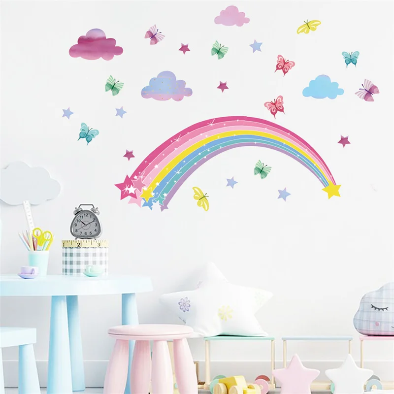 Rainbow Stars Cloulds Butterfly Wall Sticker For Kids Rooms Bedroom Decorations room decor pegatinas de pared