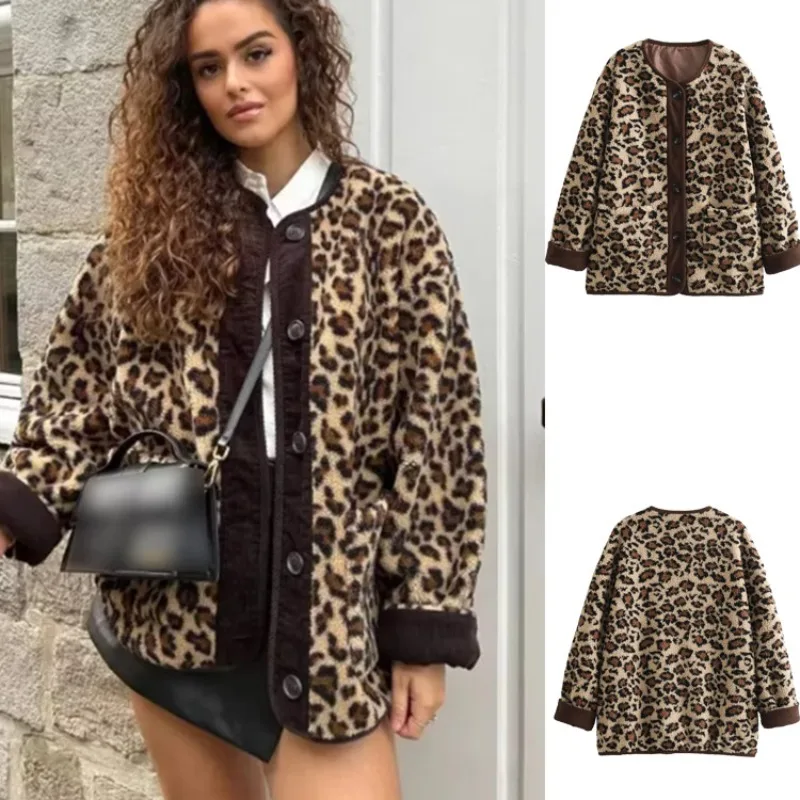 

Леопардовая женская куртка из искусственного меха ягненка, однобортное свободное меховое пальто, лоскутное пушистое пальто с круглым вырезом, зимнее теплое плюшевое пальто