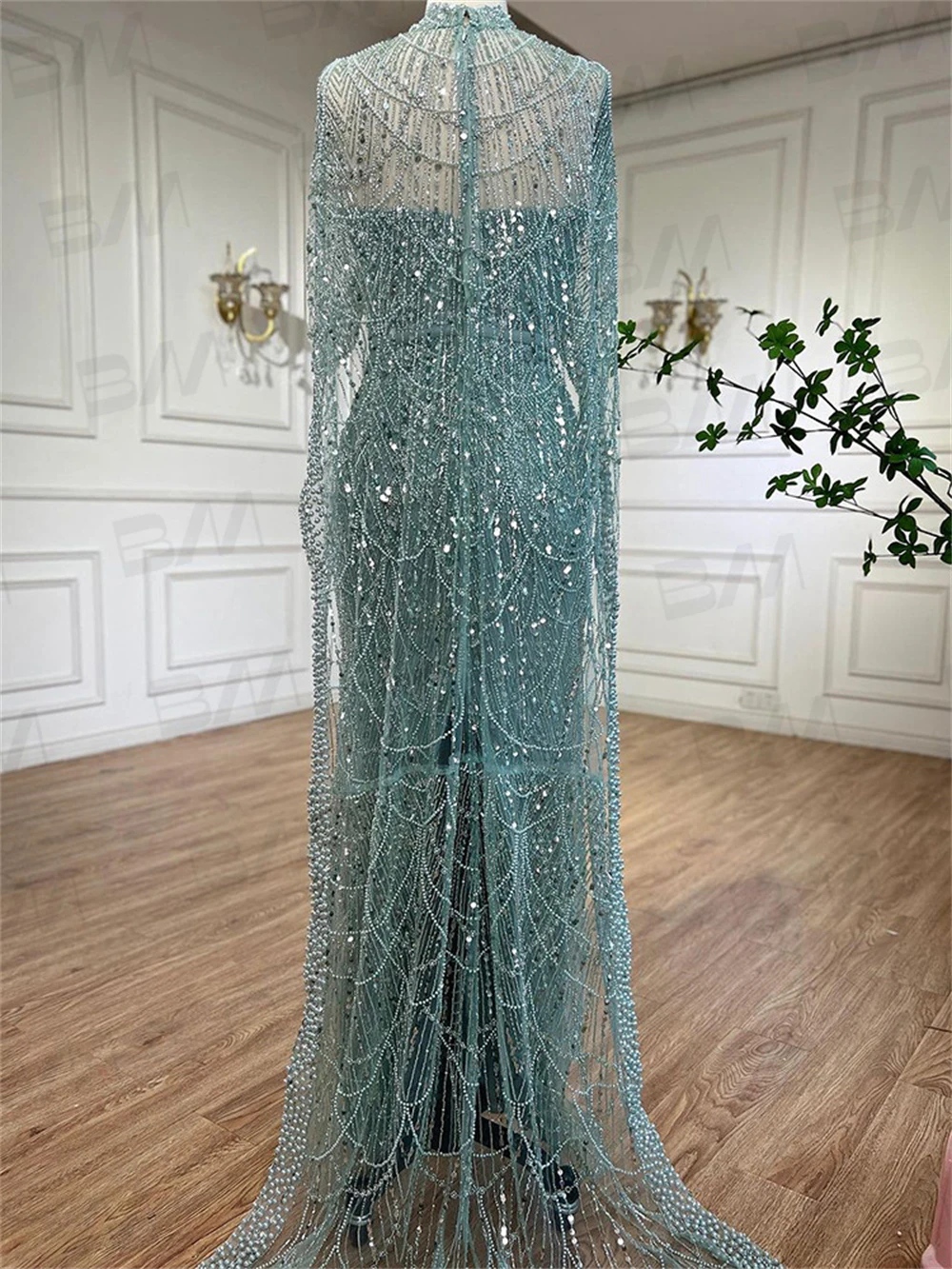Arabic Formal Dress For Women With Luxury Handmade Beads Real Photo High Neck Cape Caftan Mermaid Prom Dresses Party Gown