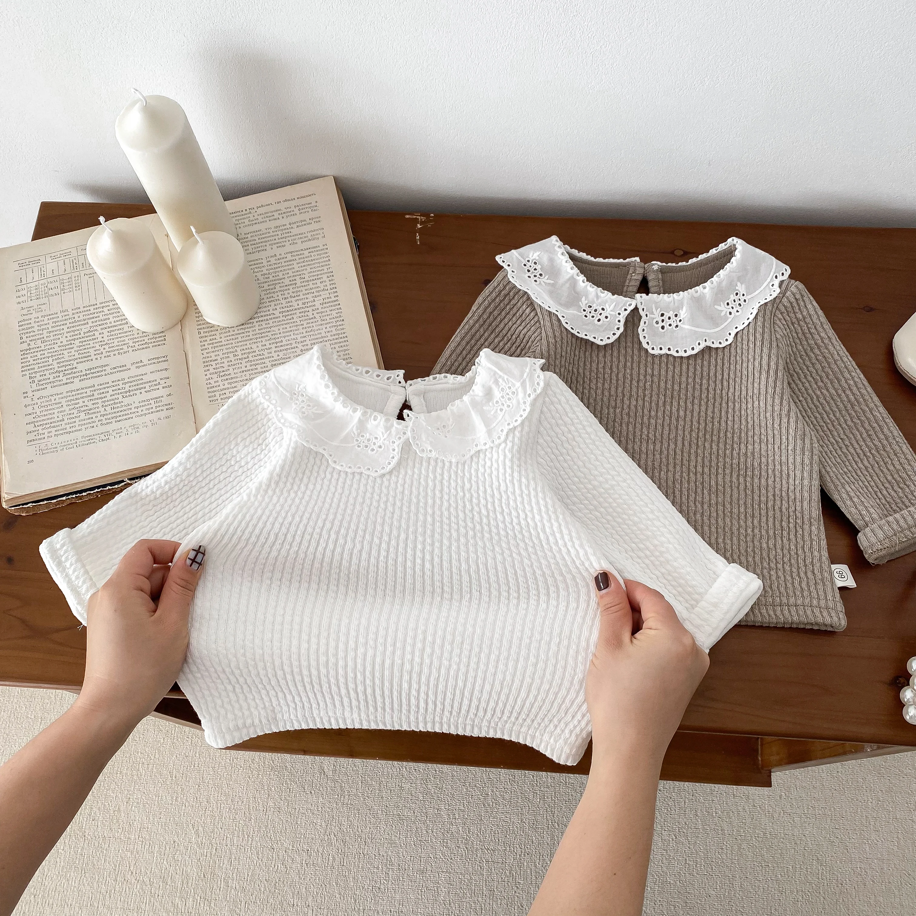 Korean Baby Girls Long Sleeves Shirt Thick Cotton Lace Collar Baby Top Children Clothes 0-24Months