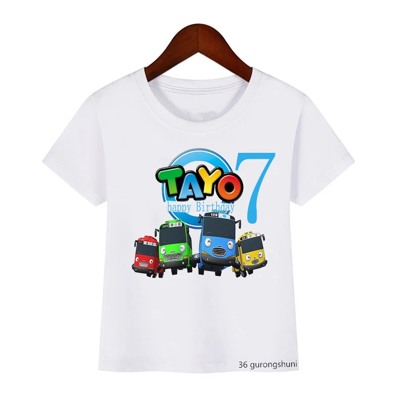 T-Shirt dla chłopców śmieszne Tayo i małych przyjaciół samochód numer urodzinowy 1-9th Cartoon dzieci prezent urodzinowy kostium słodkie dzieci