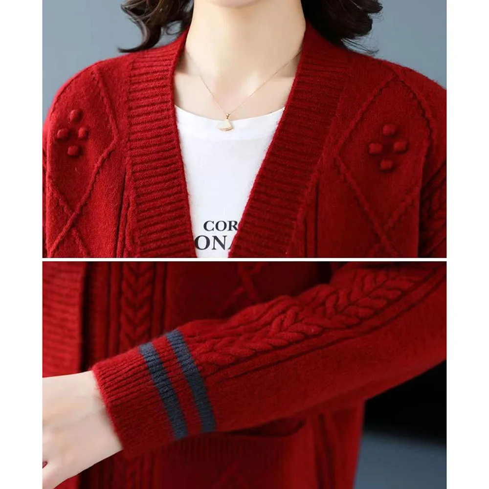 Autumn Winter New Long Sleeved Knitwear Women\'s Loose Sweater Coat Korean V-neck Solid Color Cardigan Jacket Mother Sweaters